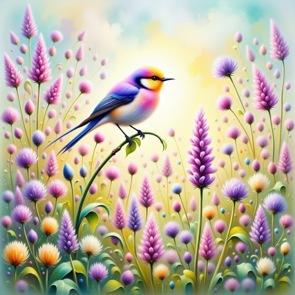 Vibrant Lavender Meadow with Delicate Bird in Impressionist ...
