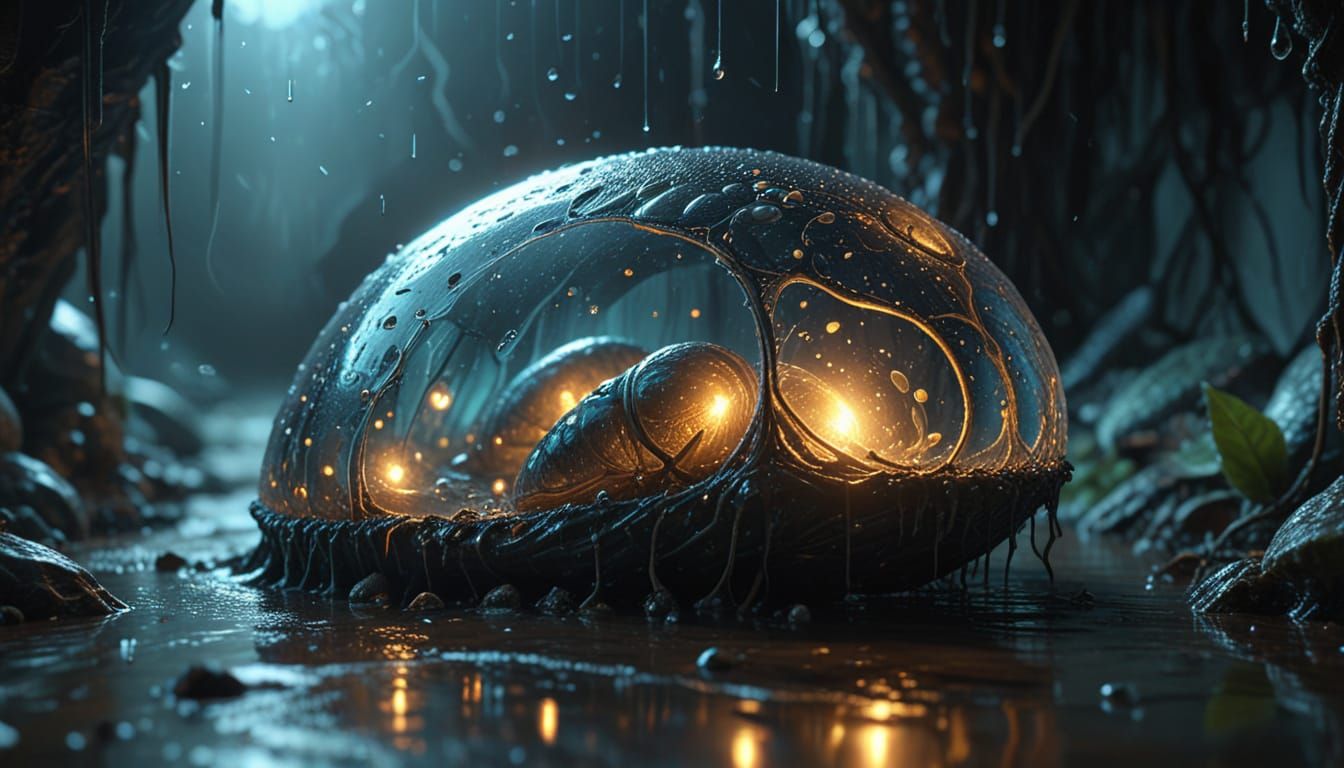Glowing Translucent Alien Cocoon in Eerie Sci-Fi Environment