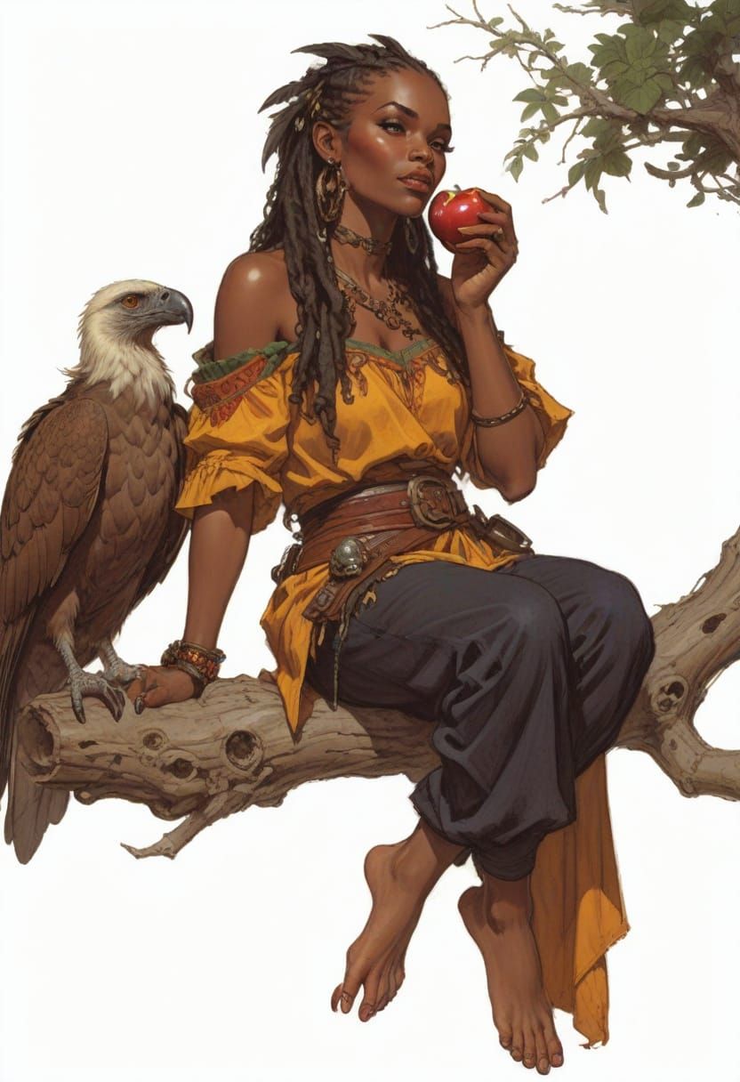 African Barbarian Girl Eats Apple with Vulture Companion