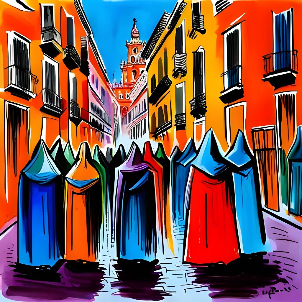 Seville Holy Week Procession in Ink Painting Style