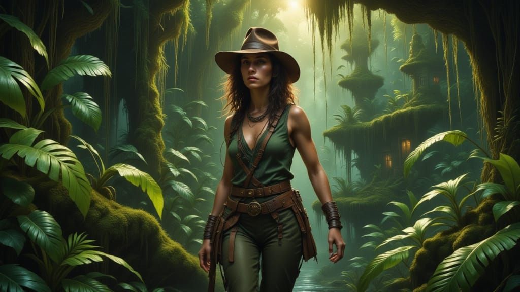 A female version of Indiana Jones is on an adventure and escaping from a temple in the jungle. Ultra realistic, action  ...