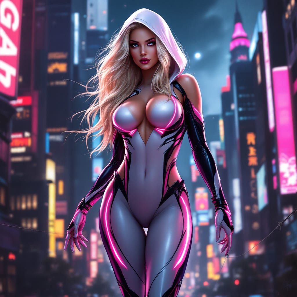 Voluptuous Spider-Gwen in Neon Cityscape