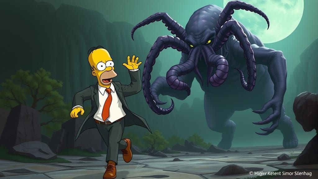 Cthulhu and Homer Simpson Flee in Terror