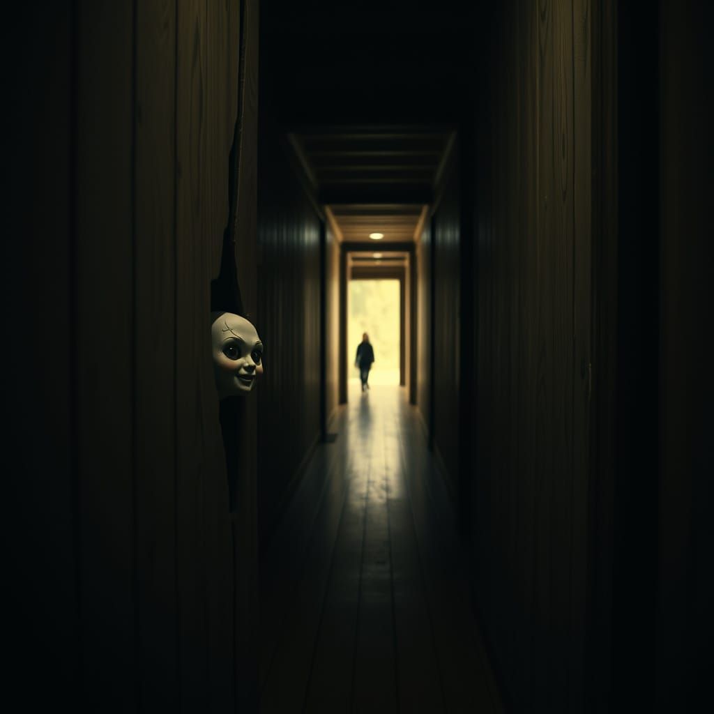 Eerie Japanese Horror Doll in Dimly Lit Wooden Hallway