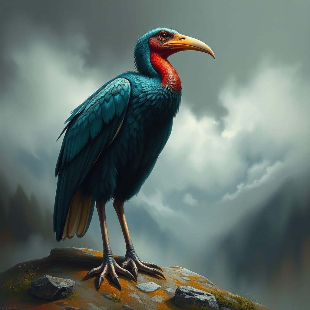 Majestic Flightless Bird in Surreal Mountain Landscape