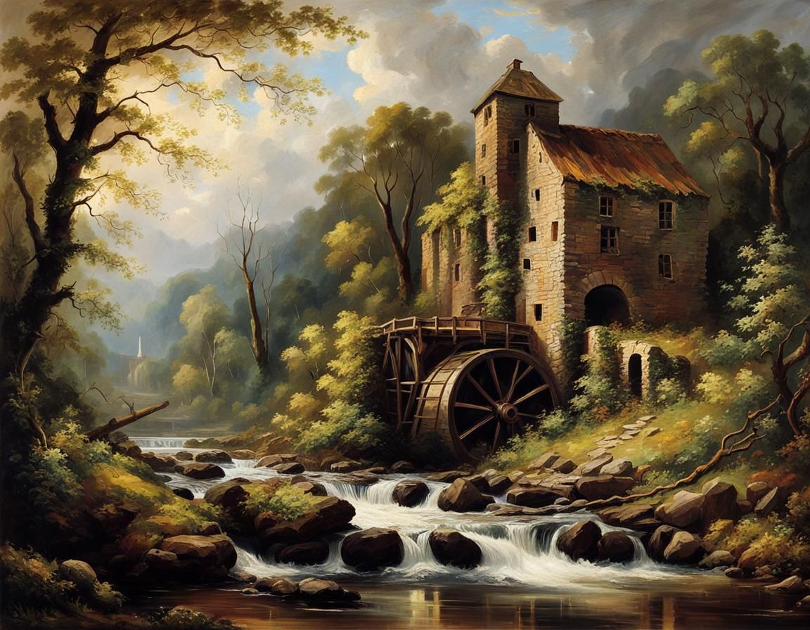 Fog-Shrouded Mill on Rocky Stream: Oil Painting