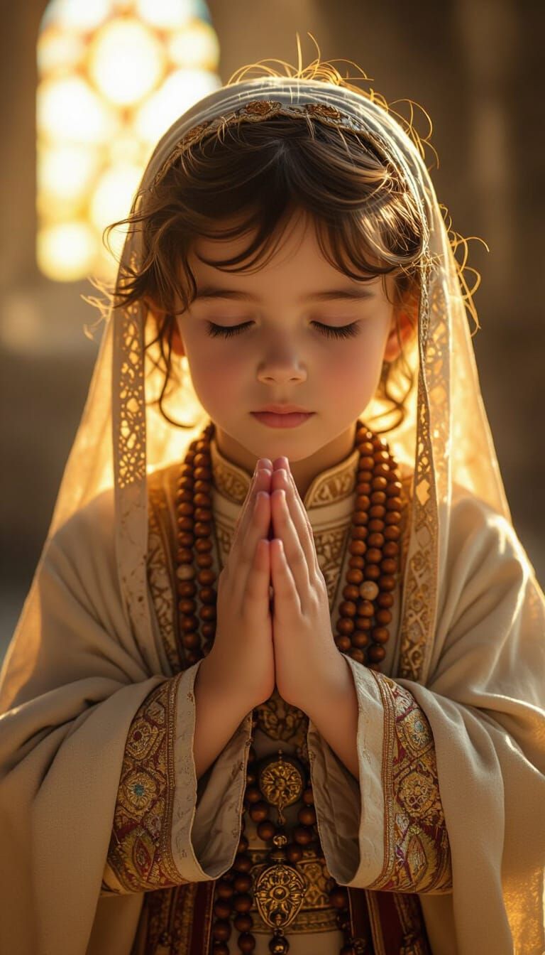 Child in Prayer with Golden Light, Photorealistic