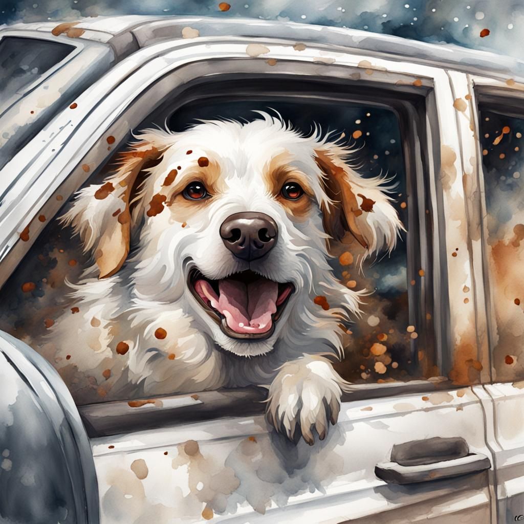 Happy Dog Car Ride in Watercolor Style