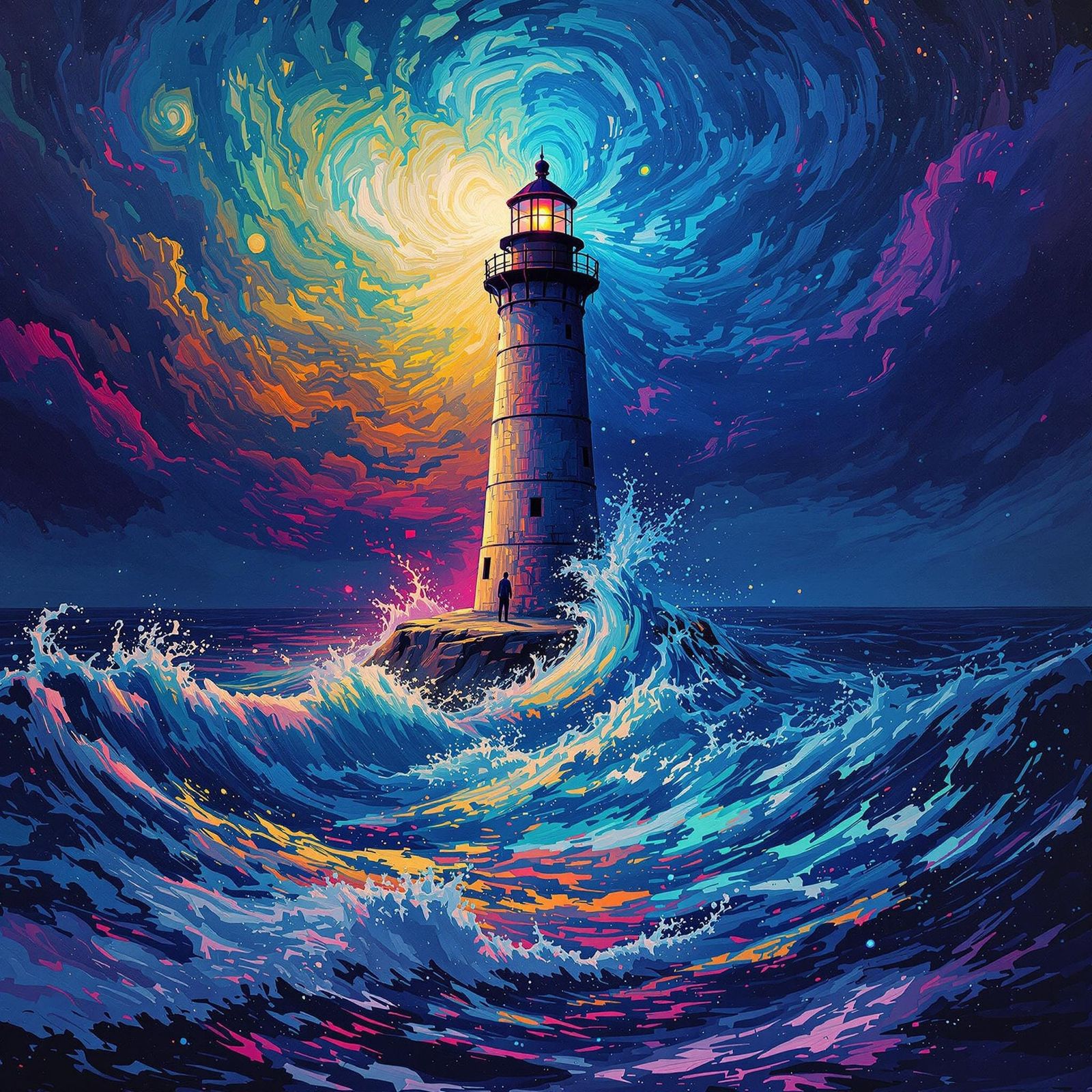 Lighthouse Radiates Psychedelic Energy in Stormy Sea at Nigh...