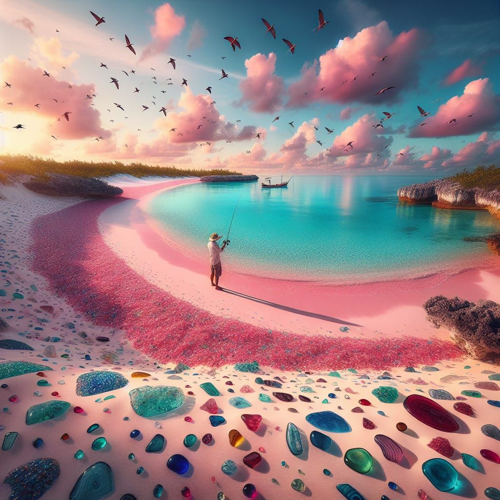 Stunning Bright Pink Sand Beach in the Bahamas at Sunset
