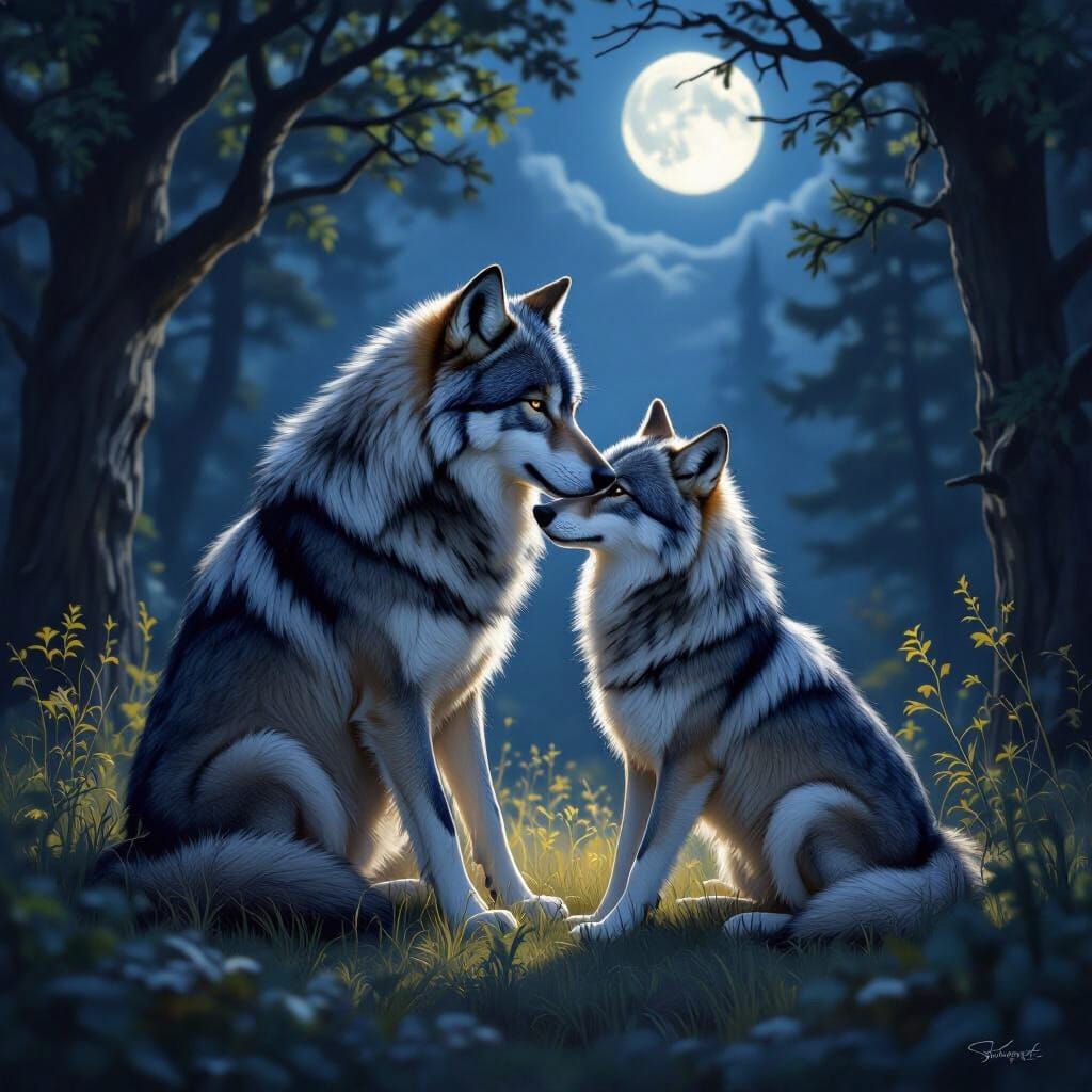 Wolves in Romantic Embrace Under Moonlight