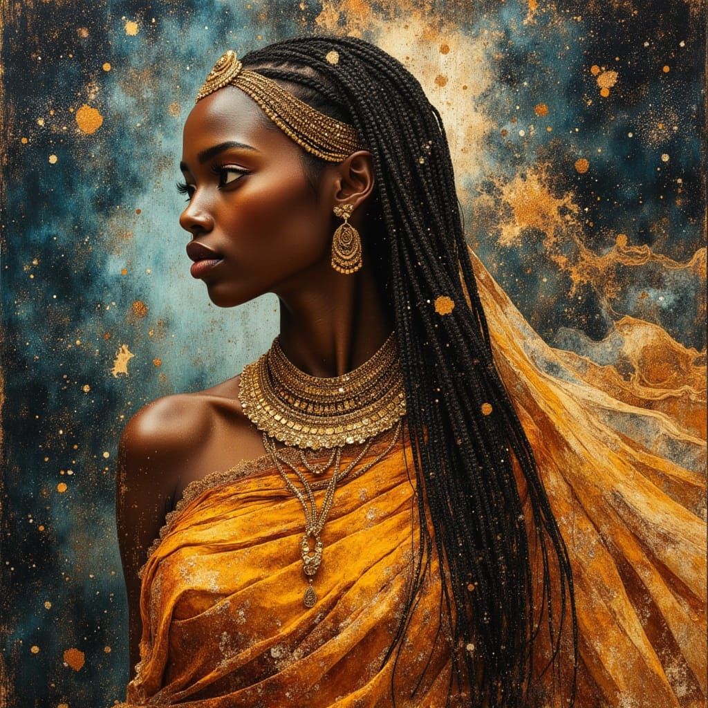 Majestic African Queen in Nebula, Divine Oil Painting