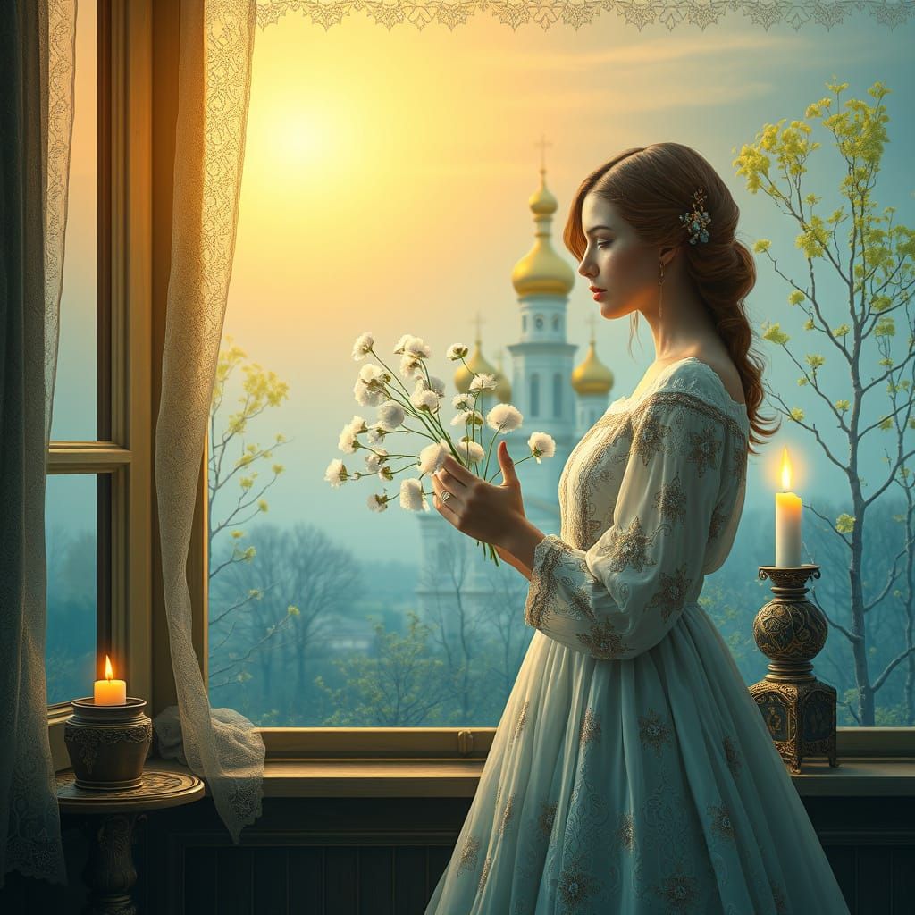 Ethereal Russian Girl in Whimsical Folk Art Style