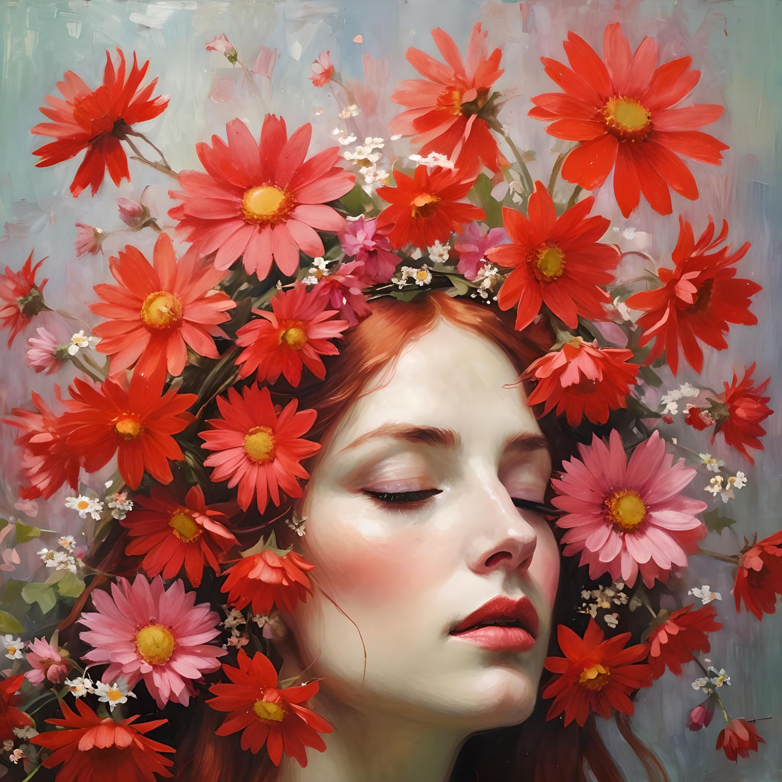Woman with Red Hair and Daisy Crown