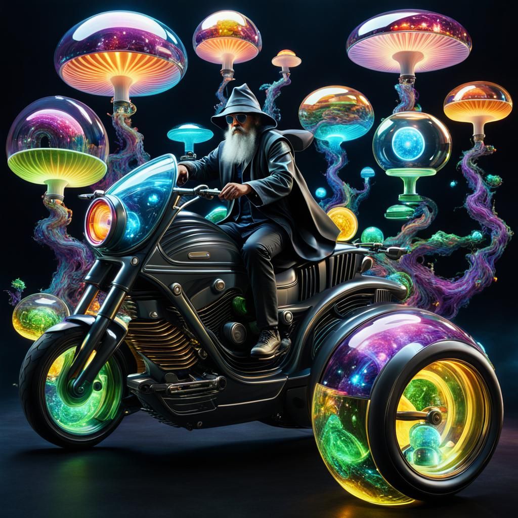 Psychedelic Wizard on Futuristic Motorcycle