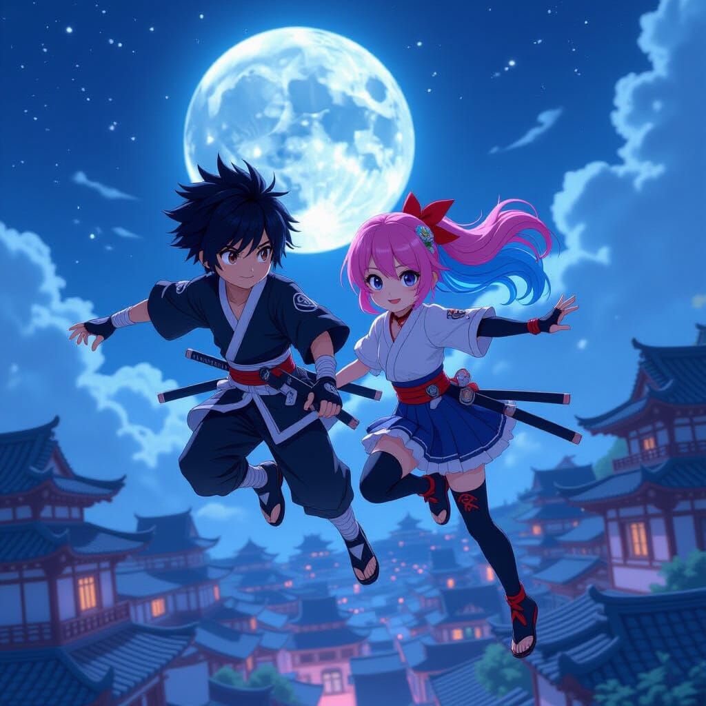 Ninja Duo Soaring Above Rooftops in Anime Style