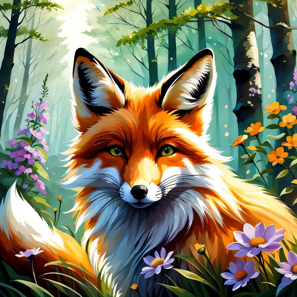 Fantasy Fox Smelling Flowers in Enchanted Forest