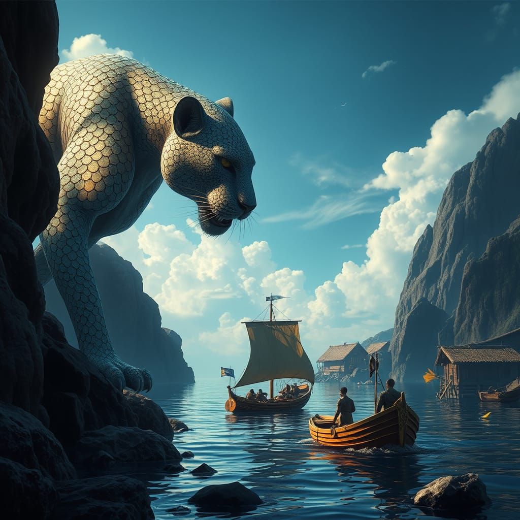 Iridescent Panther Guards Fantasy Village in Cloud Sea