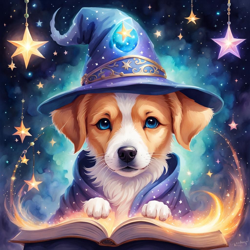 Dog Mage Casting a Spell in Watercolor Style