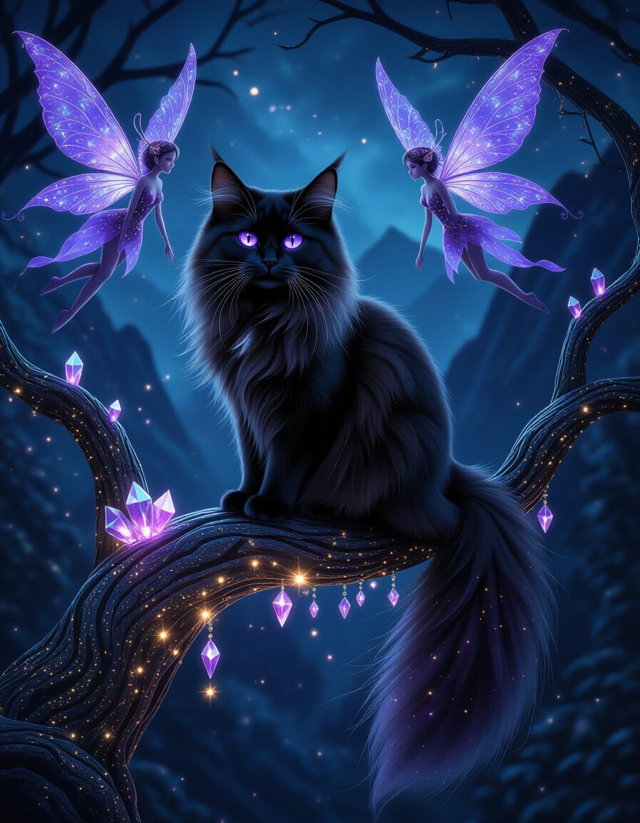 Mystical Black Cat with Fairies in Fantasy Forest Art
