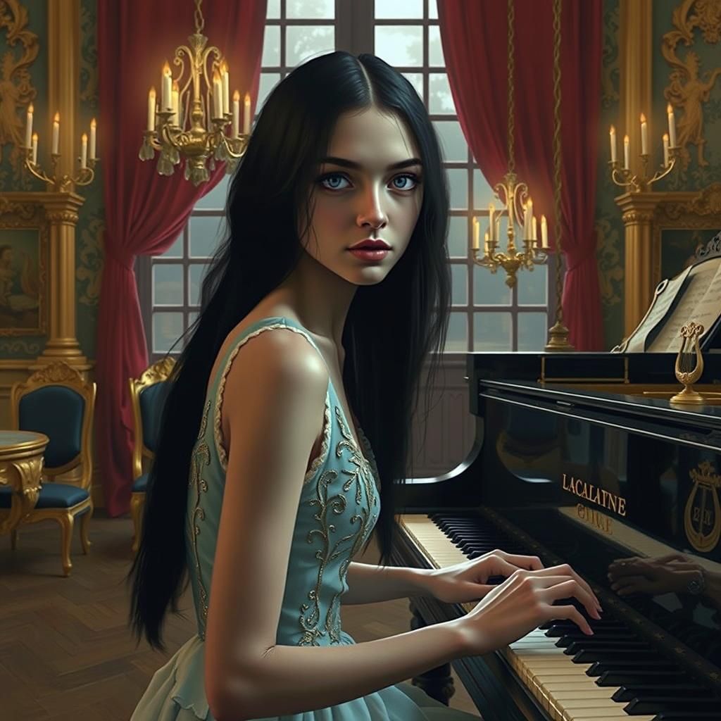 Eerie Woman at Baroque Piano in Abandoned French Salon