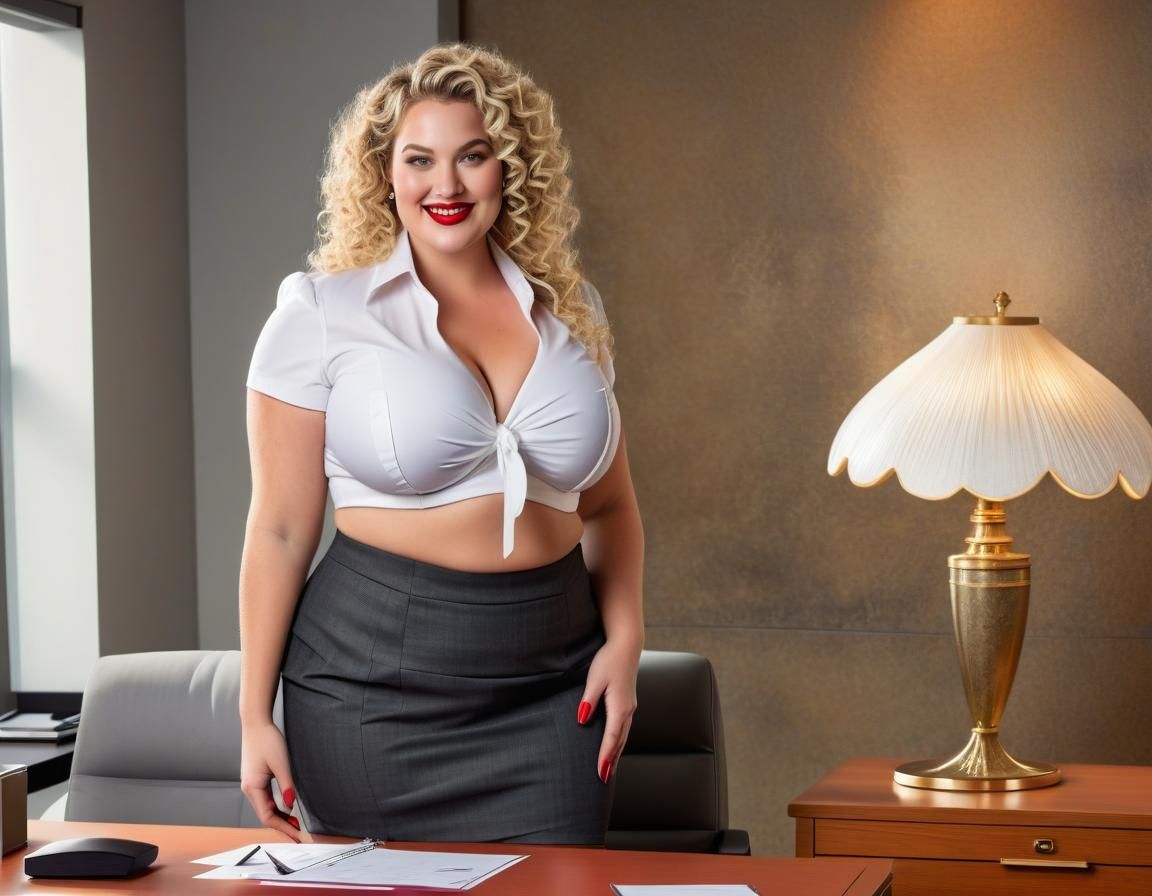 Curvy Woman in Red Business Suit, Office Setting