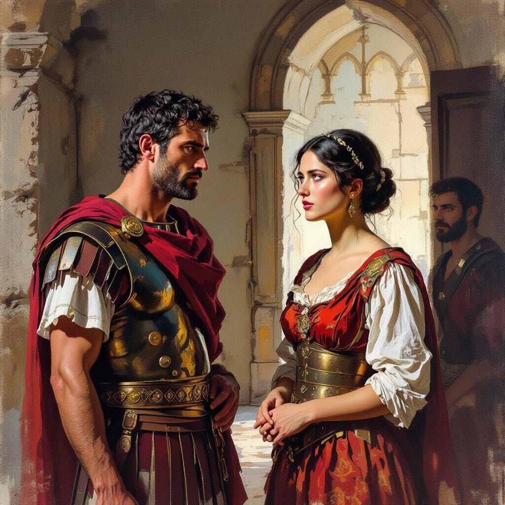 Roman Couple in Castle Room, Watched, Gouache Style