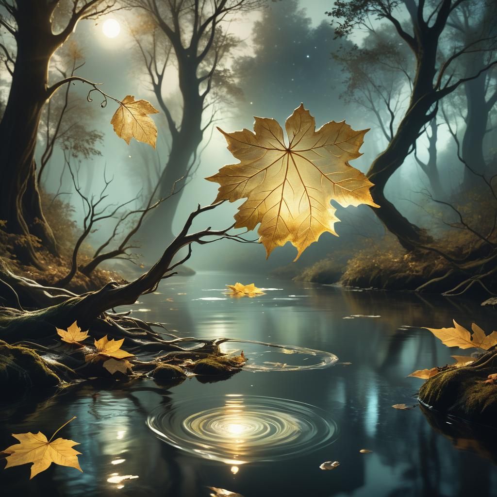Ethereal Leaf on Moonlit River: Renaissance Fantasy Art