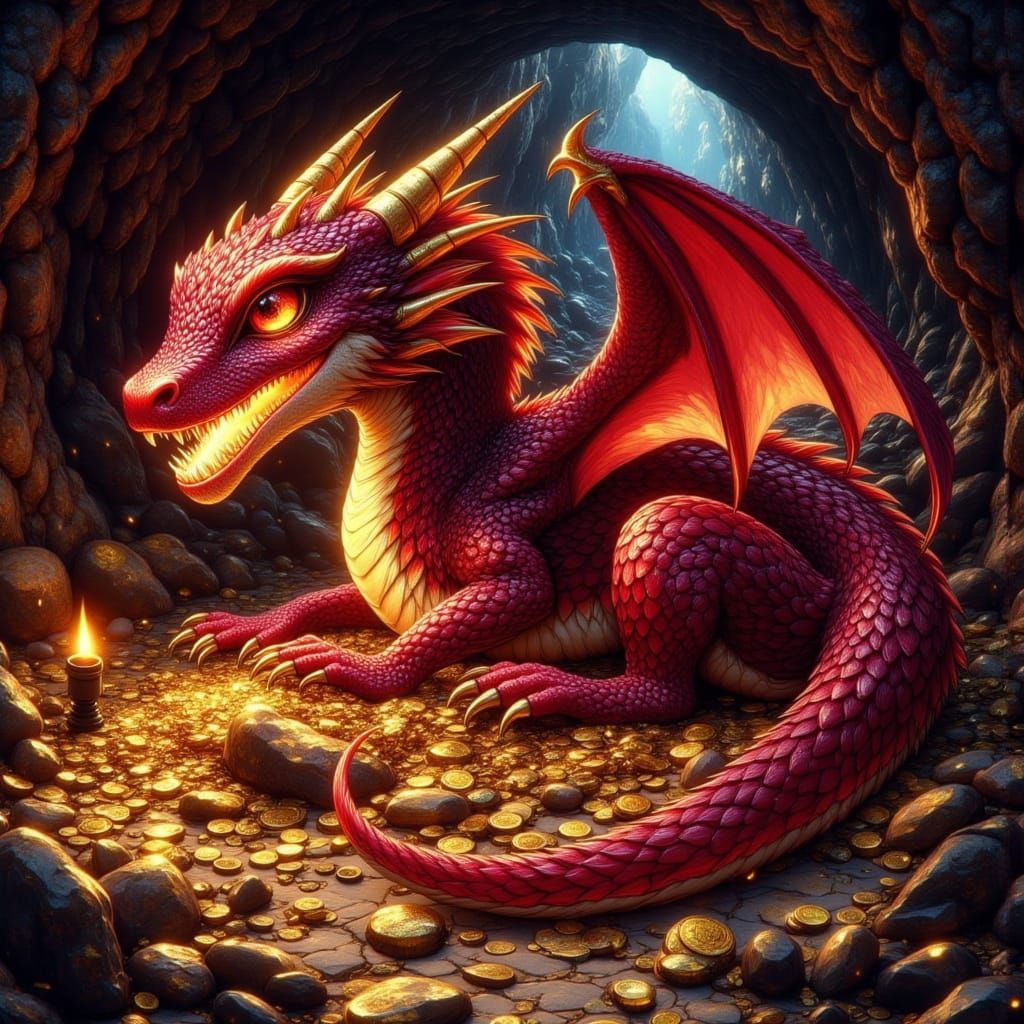 Majestic Ruby Dragon on a Golden Treasure Hoard