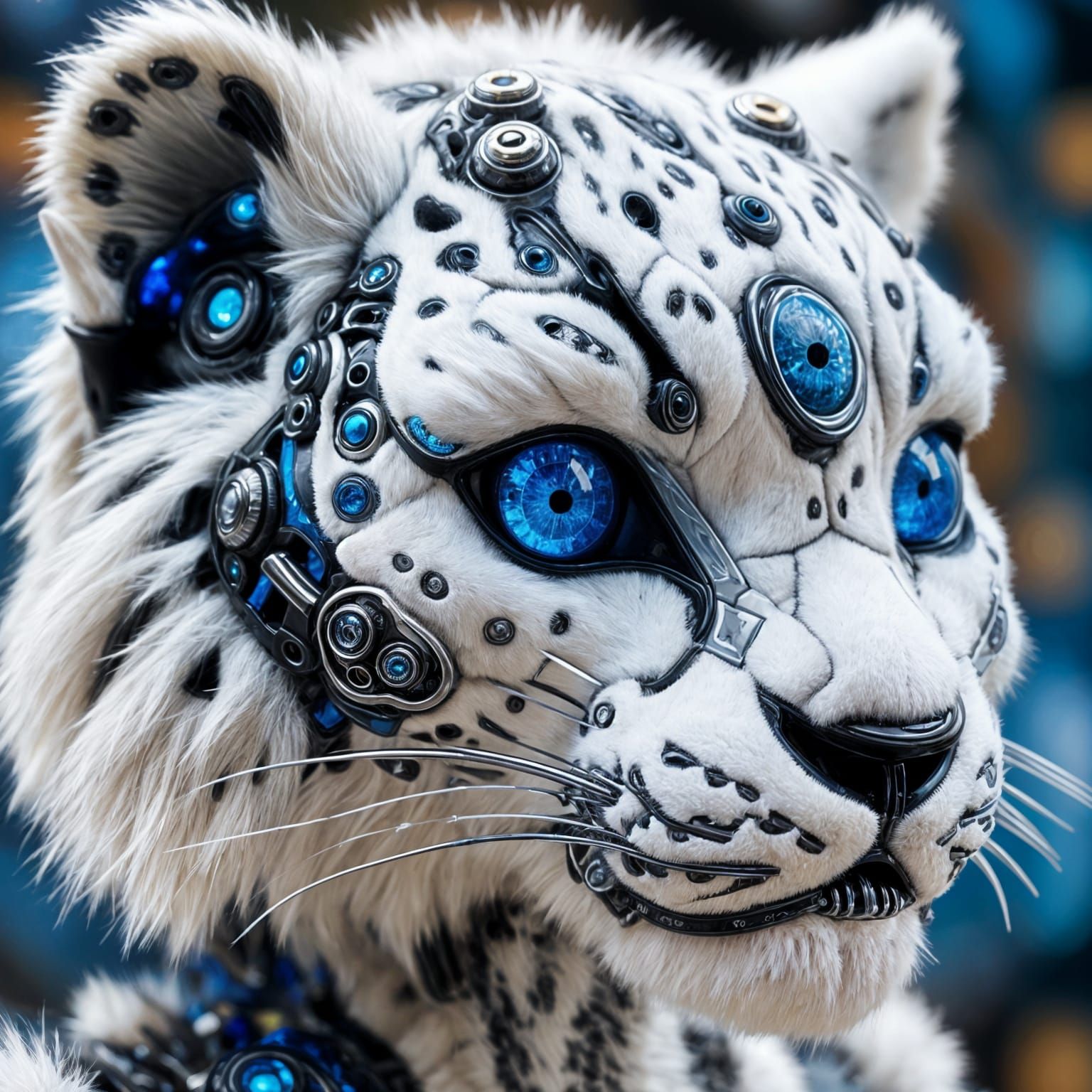 Photorealistic Baby Snow Leopard Cyborg with Metallic Detail...