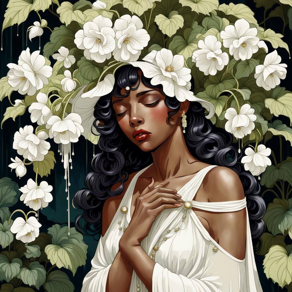 White Weeping Begonias in Art Deco Style