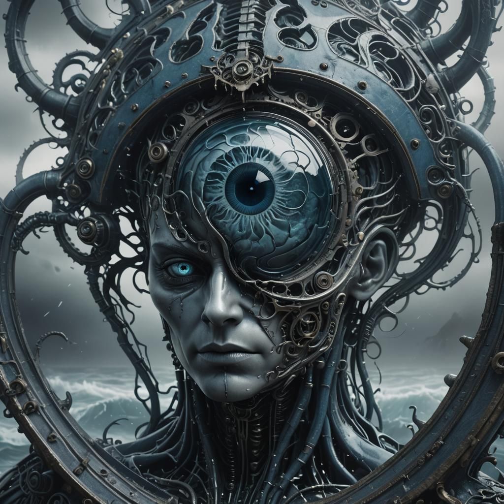 Glass 'A' with Eye and Brain in Dark Fantasy 3D Render