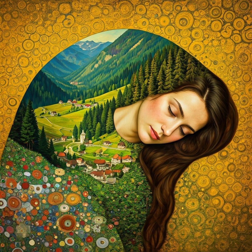 Surreal Double Exposure Woman Forms Hillside Above Village