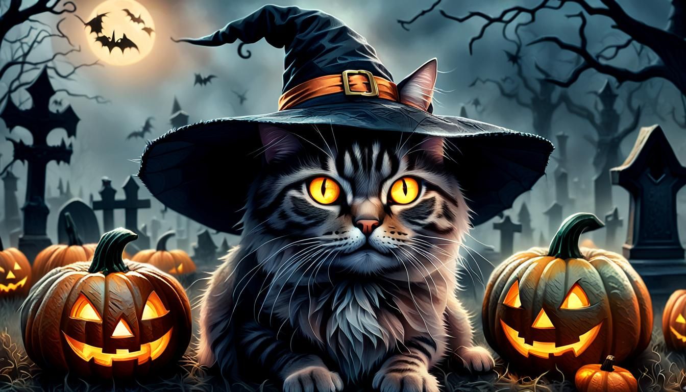 Cat in Witch Hat in Graveyard, Hyperrealistic Digital Art