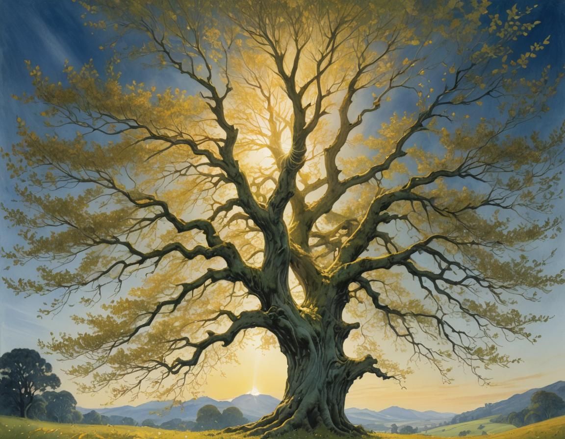 Exquisite painting of one majestic shining tree, flourishing...