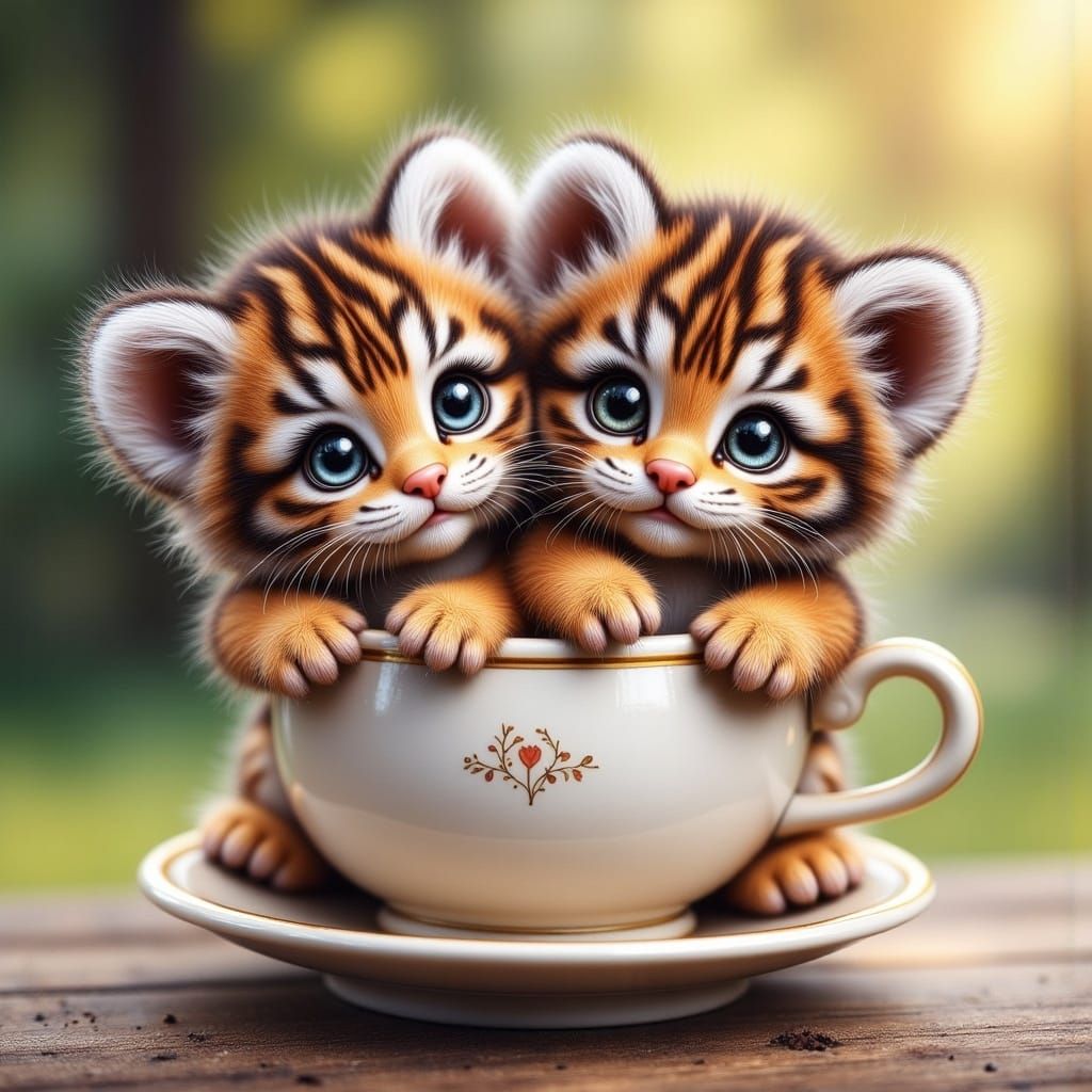 Cute Tiger Kittens Enjoying a Teacup