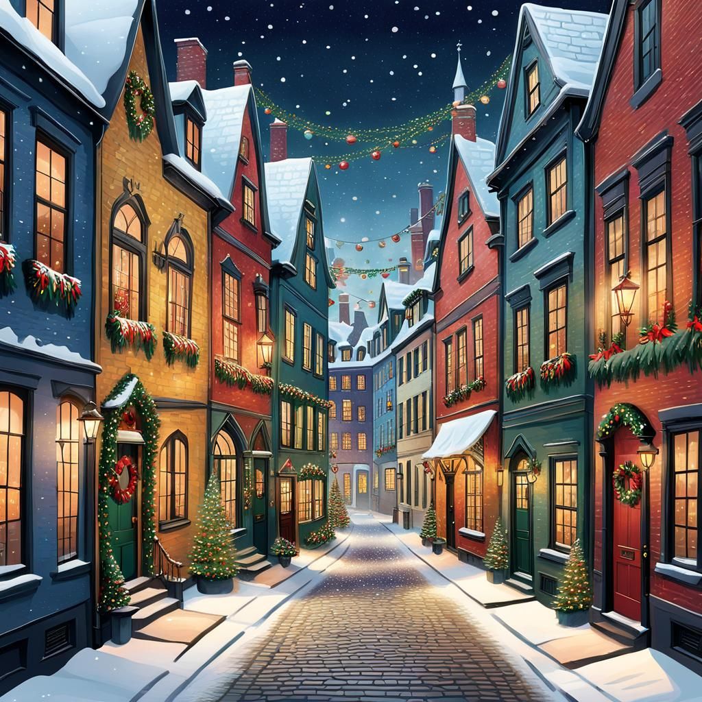 Festive European Townhouses in Whimsical Illustration