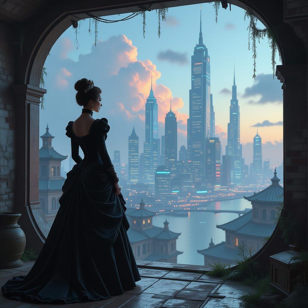 Victorian Woman Meets Futuristic Cityscape
