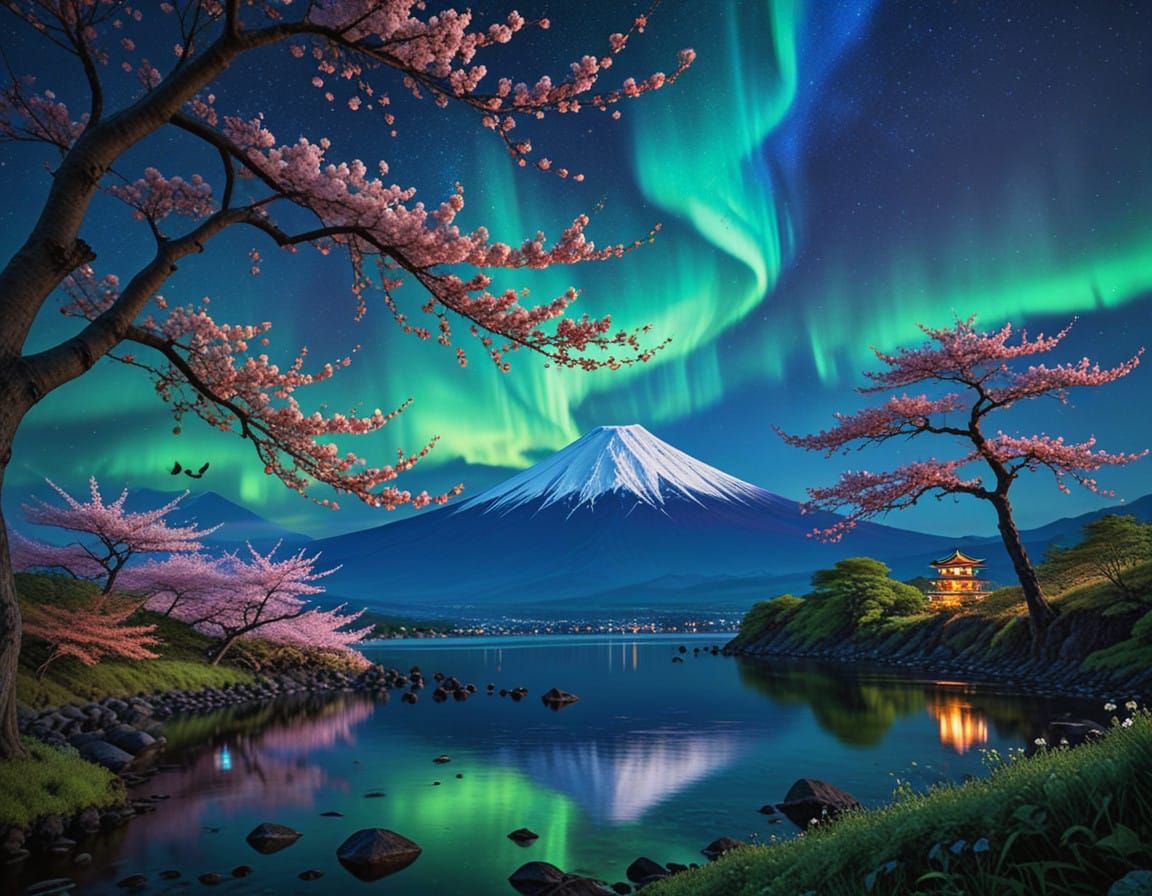 Northern Lights Dance Above Cherry Blossoms at Mount Fuji