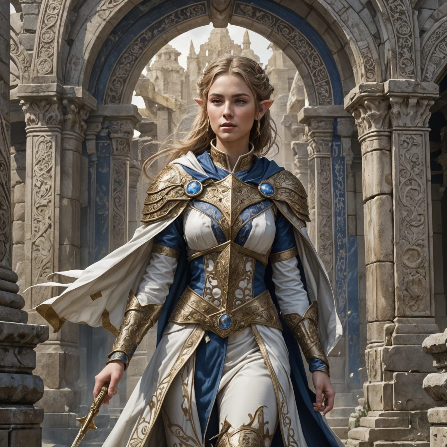 Elf Priestess in Temple Ruins with Angelic Wings