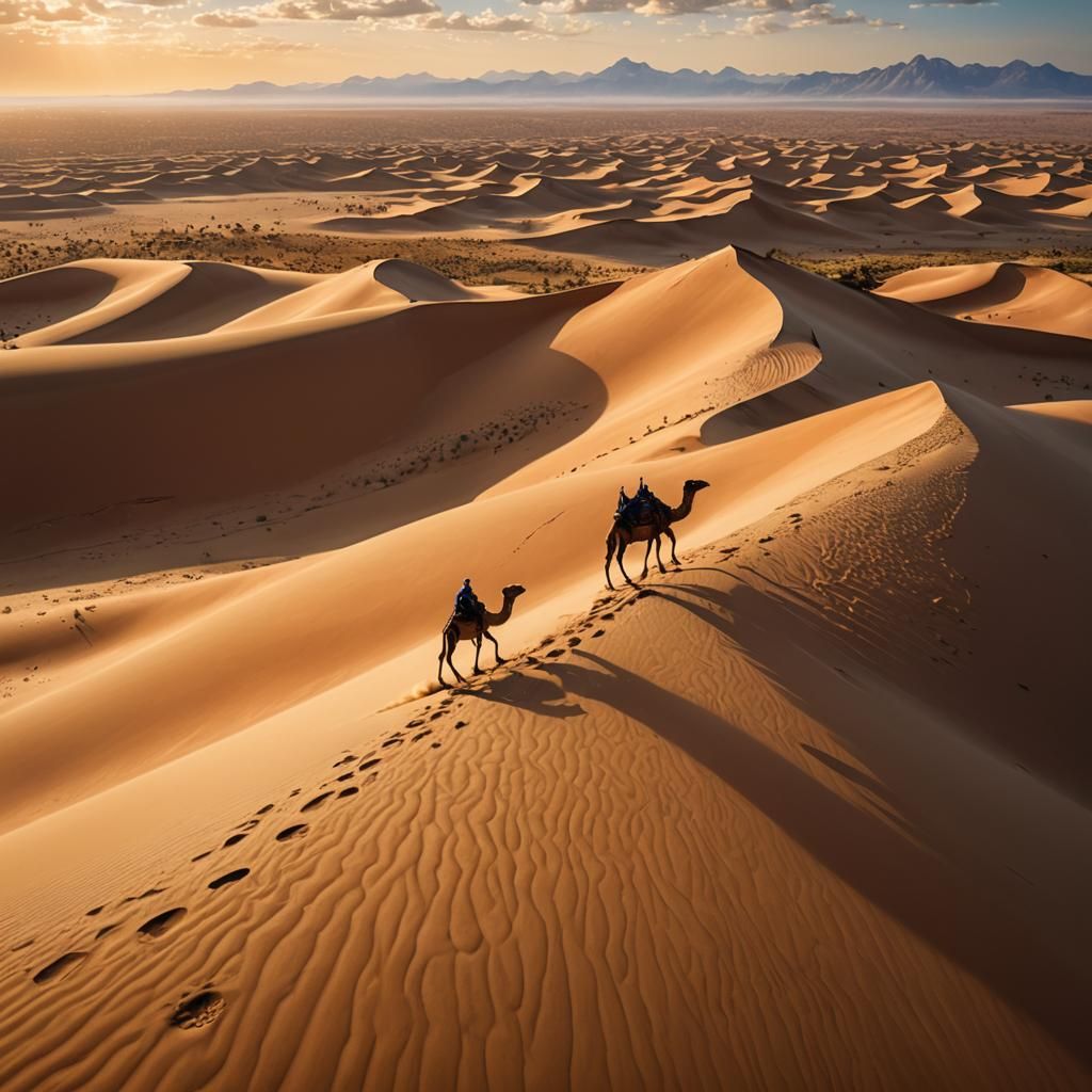 Desert Sunset: Camel Trek in Oil Painting Style