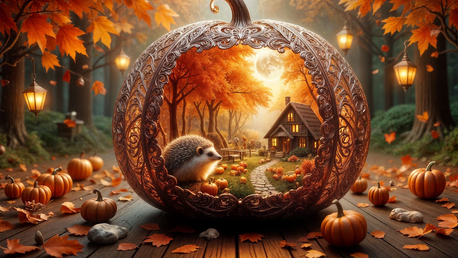 Hedgehog Peeking into Ornate Pumpkin Autumn World