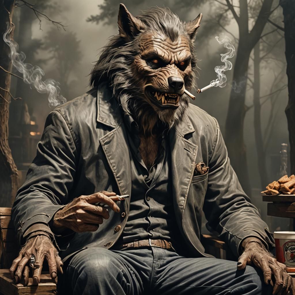 Hyperrealistic Werewolf Lap Smoking Joint Scene