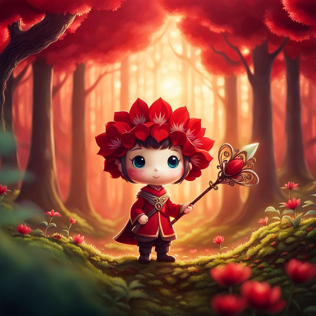 Chibi Flower Wizard in Magical Forest Illustration