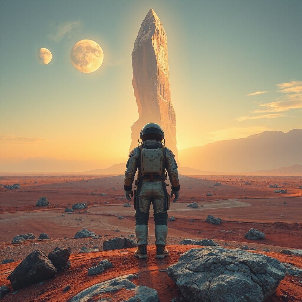 Astronaut and Crystalline Monolith in Retro-Futuristic Style