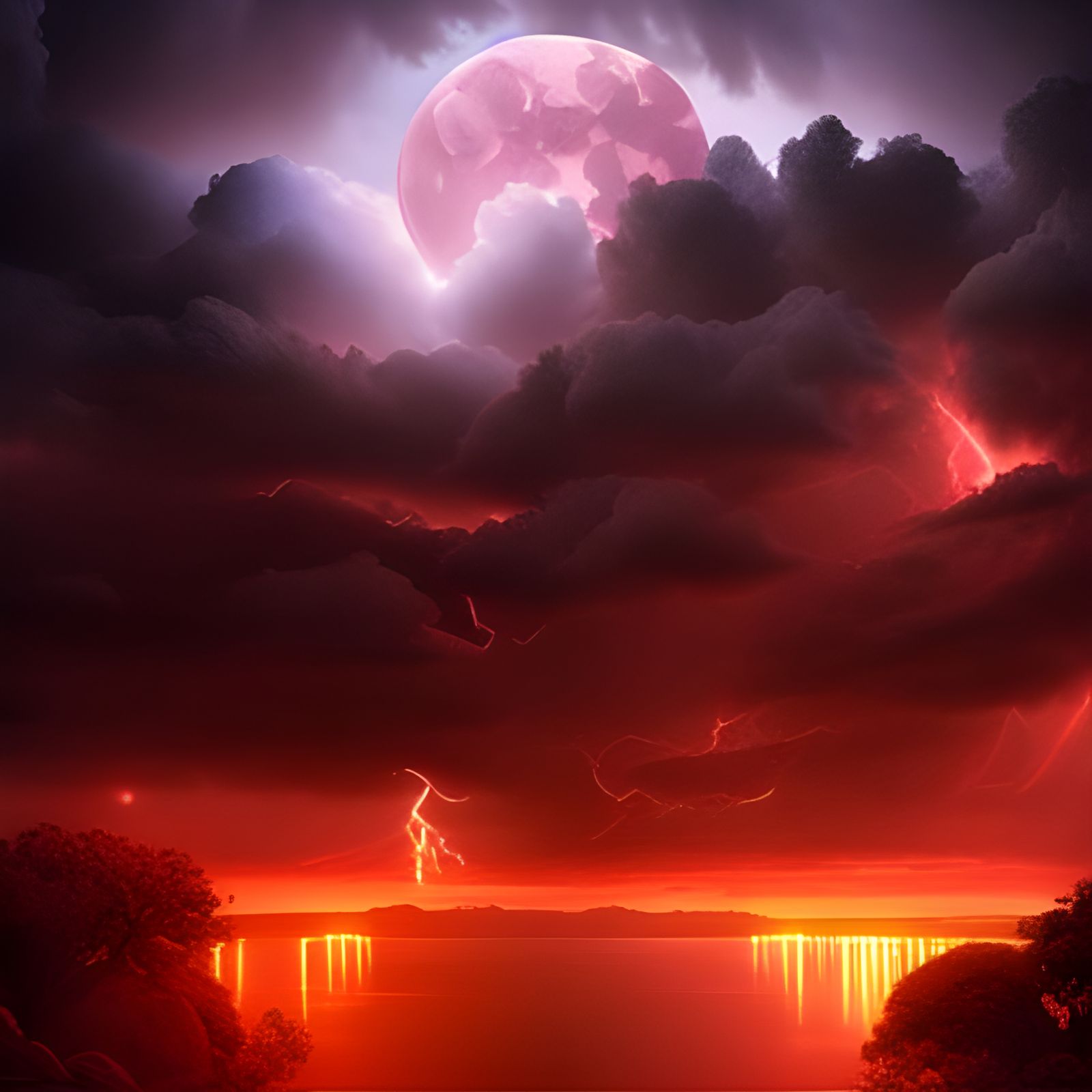 Epic Blood Moon Thunderstorm: A Digital Matte Painting