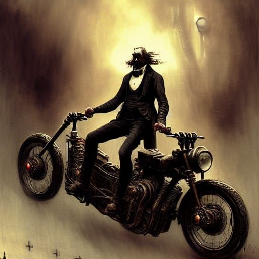 Victorian Steampunk Gentleman on Ratbike Motorcycle