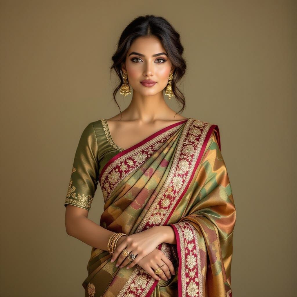 Elegant Russian Woman in Saree: Photorealistic Portrait