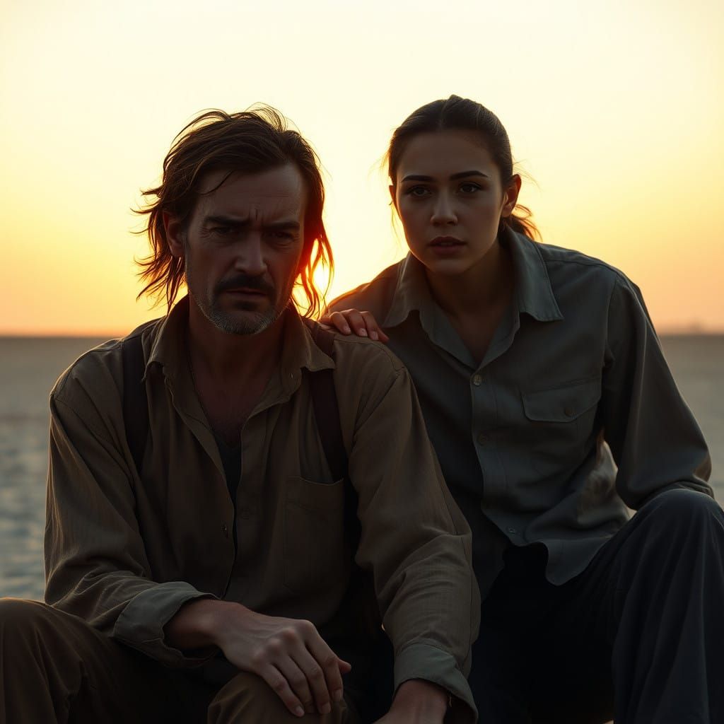 Man in Agony on Desolate Beach with Companion