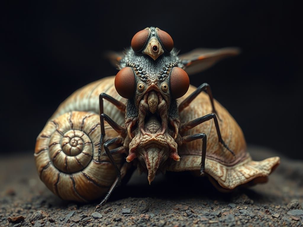 Surreal Creature with Fly Head and Snail Shell Body in Distu...